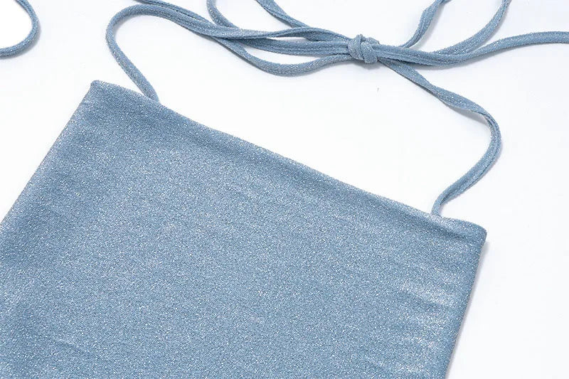 Halter Top Glitter Tanks 2025 Summer Outfits Blue Bright Silk Camis Ruched Top Crop Backless Vests Sexy Tops Cropped Clothes