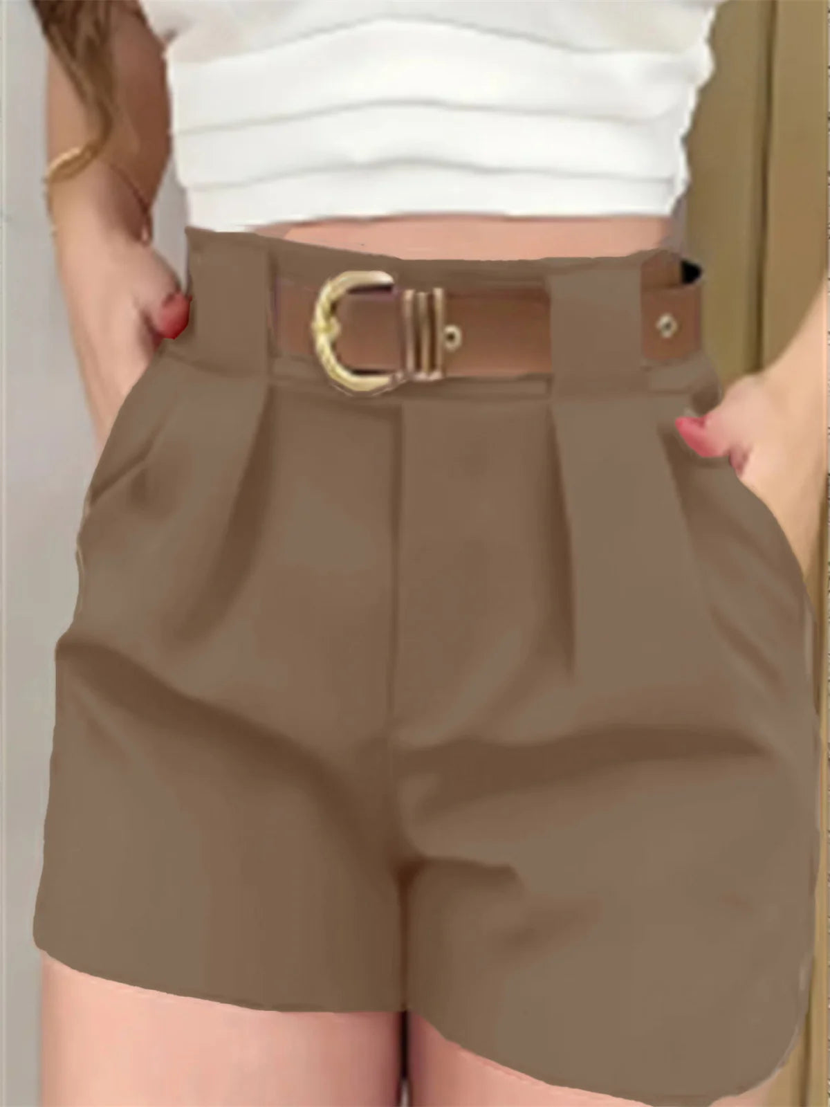 Women Fashion High Waist Shorts Summer Solid Color Pocket Belt Short Pant Elegant Office Lady Clothes Female Casual Street Pants