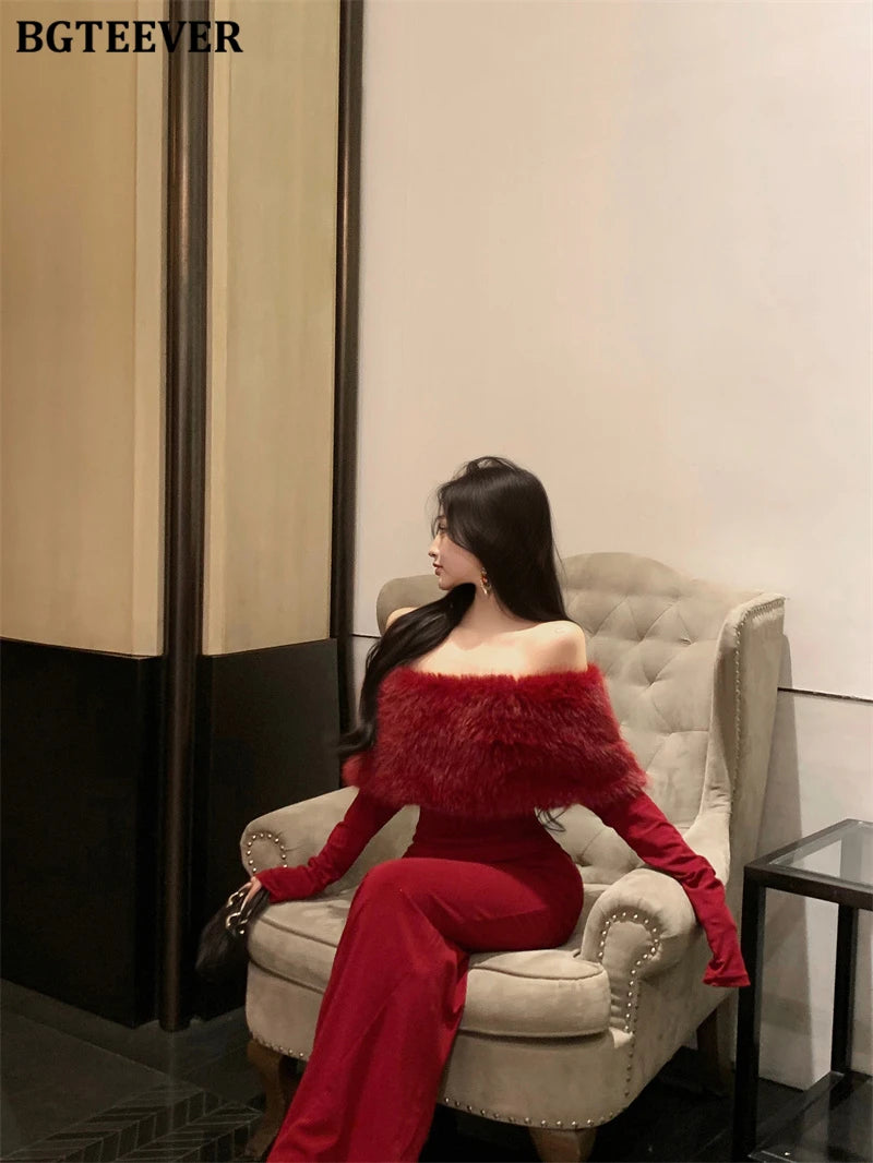 BGTEEVER Autumn Winter Fashion Slash Neck Ladies Skinny Package Hip Sweater Dress Elegant Long Sleeve Female Slim Knitted Dress