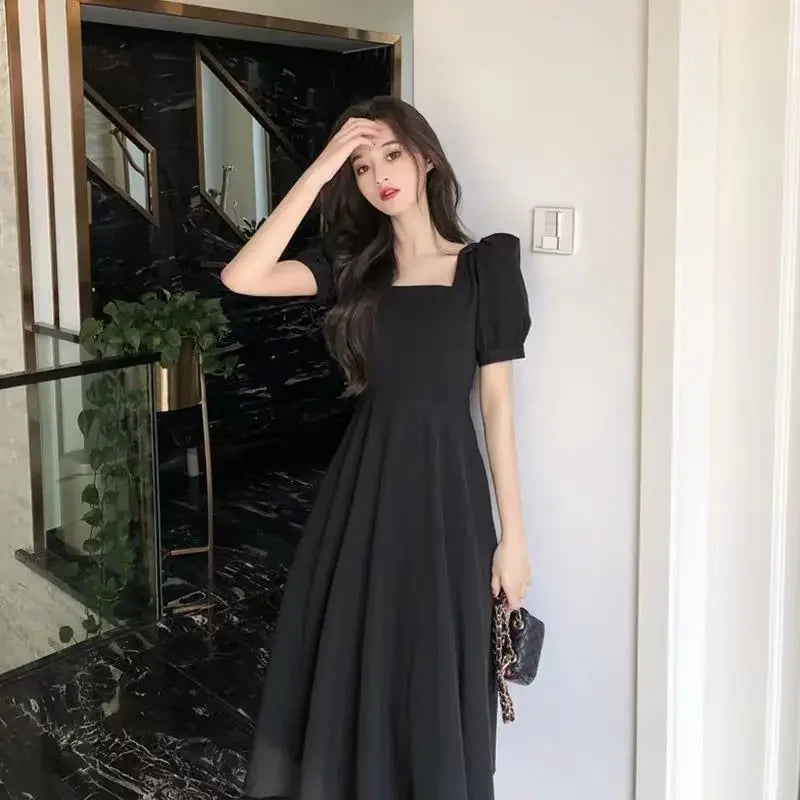 Summer French Vintage Hepburn White Long Dress Slimming High Waist Square Neck Bubble Skirt Women's Fashionable Knee-Length Dres