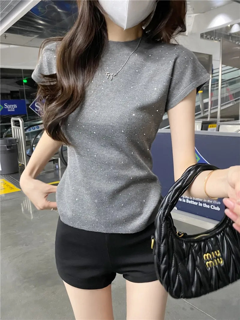 Blue Bead Knitted Top Women's Slim Fit ort Sve round Ne T-irt Summer 2025 New Design Commute Sle Knittedwear