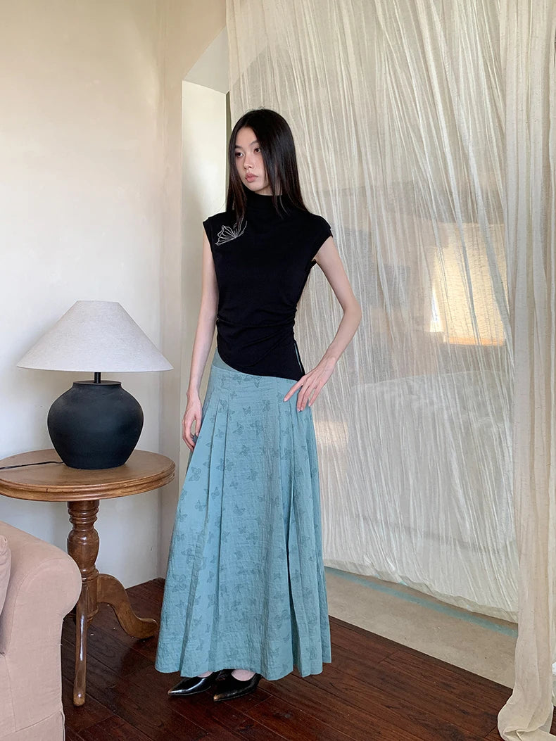 CHEERART Vintage Butterfly Sleeveless Black T Shirts Women Turtleneck Asymmetrical Top Designer Fashion Crop Top Clothing