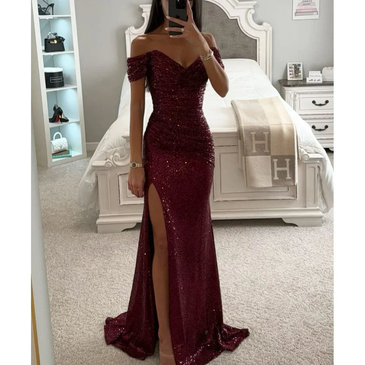 Sexy Side Slit Ballgown Shiny Sequins Women's Dress Independent Station Polyester Borderless Flashing Lightweight Fashion