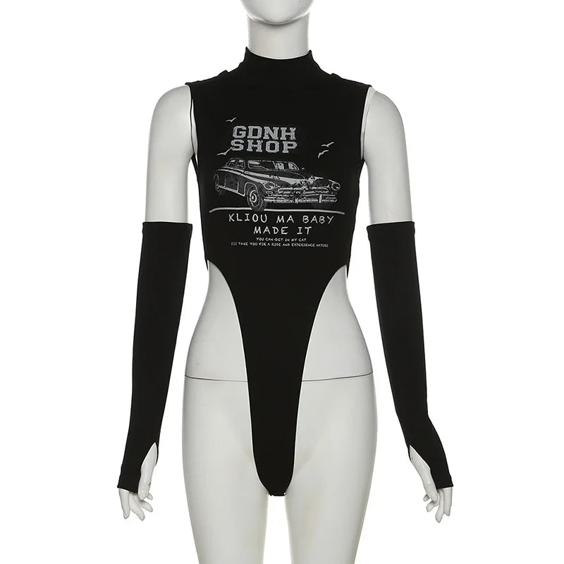 Summer American Retro Sexy Punk Y2K Grunge Cartoon Letter Printing Bodysuit Women Streetwear Slim Vest Bodycon Tops Jumpsuits