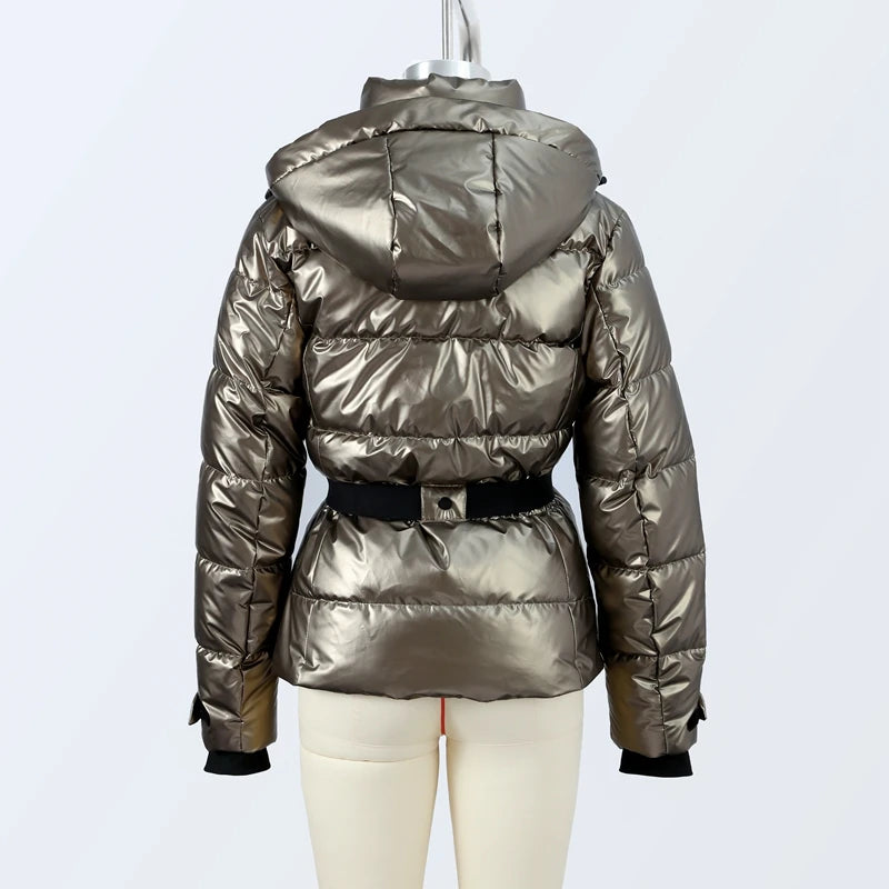 Fashion Hooded Padded Coats With Belt Women Slim Stand Collar Full Sleeve Pocket Coat Winter Lady Thicken Warm Skiing Jacket