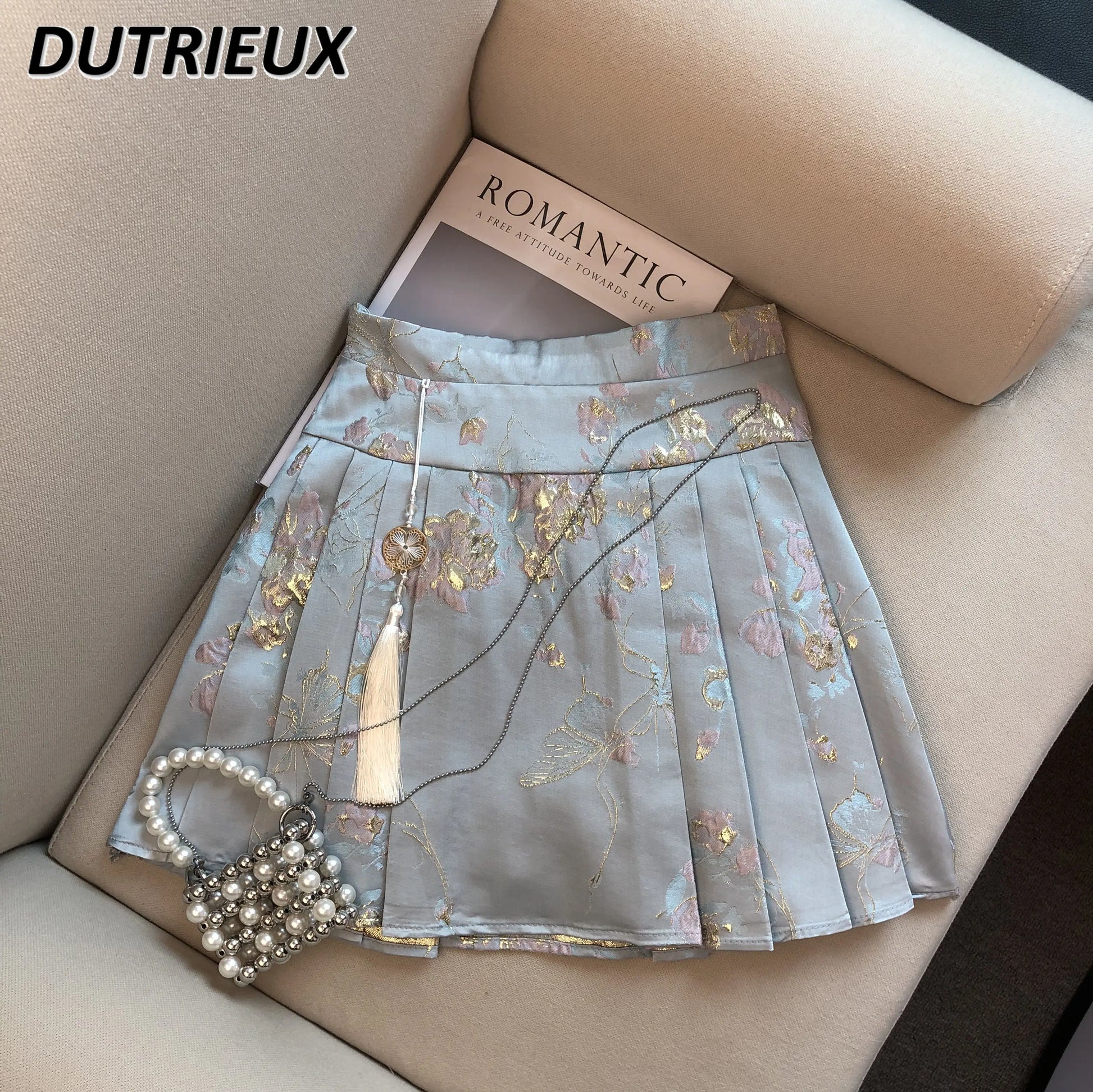 Summer New Chinese Style Satin Jacquard Horse-Face Pleated Mini Skirts Sweet Cute Girl High Waist Short Skirt for Women