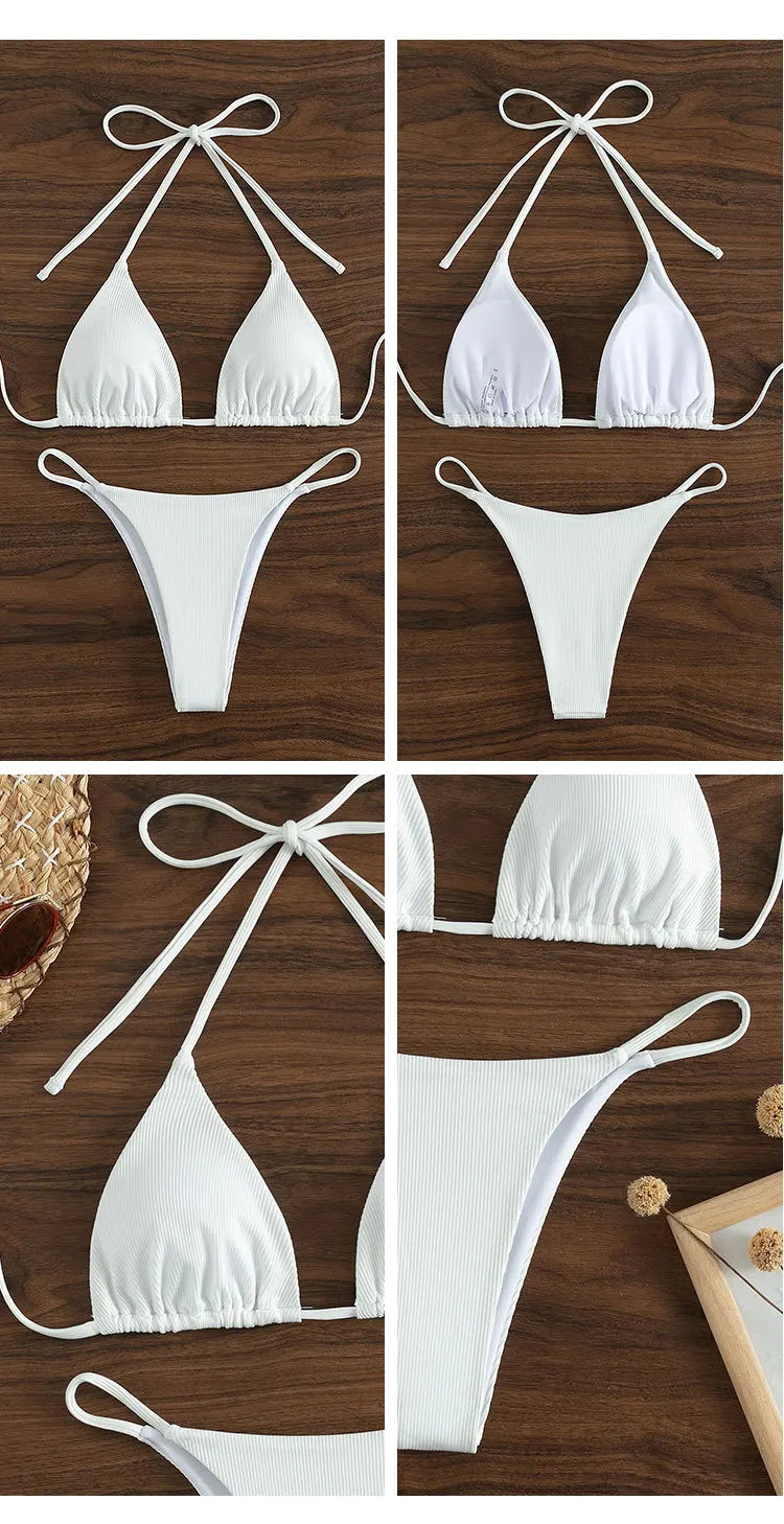 2025 Special Pit Stripe Fabric Bikini Set Women Sexy Simple Solid Halter Bikini Swimsuit High Waisted Lace Up Beach Bathing Suit