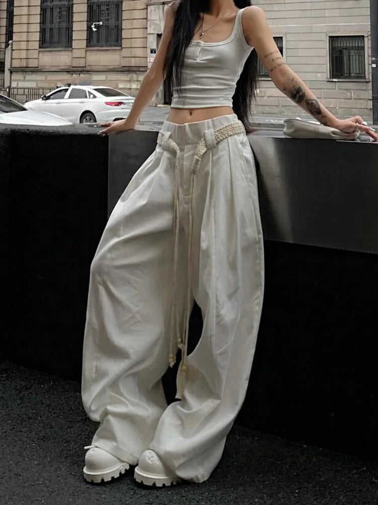 Y2K Casual Wide Leg Pants Women American High Street Fashion Sweatpants White Loose All Match Pleated Trousers Female New