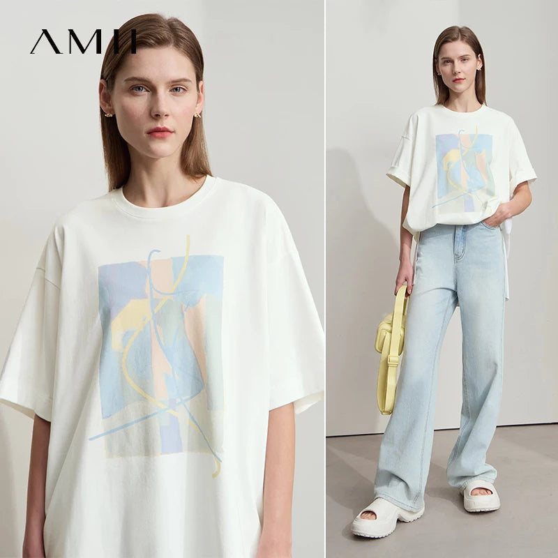 Amii Minimalist Summer T-shirt Women Irregular Design Tops Casual O-neck Abstract Print Loose Dropped Shoulder T-shirt 12522081