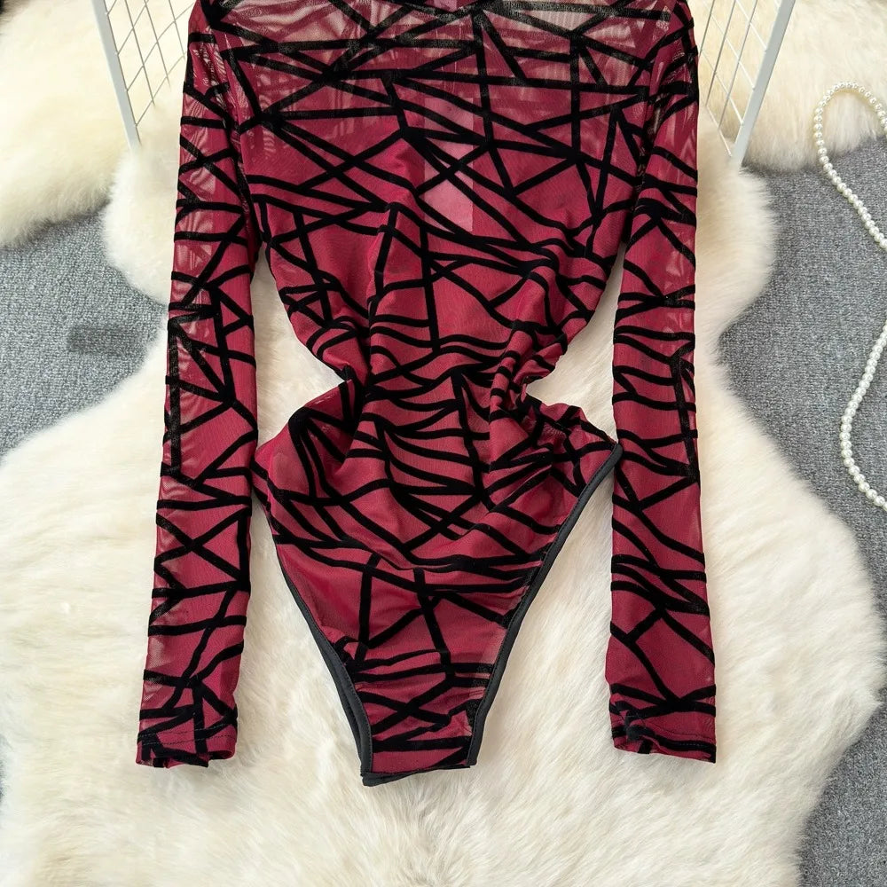 Foamlina Sexy Hollow Out Mesh Bodysuits for Women Fashion Striped Print Stand Collar Long Sleeve Slim Fit Club Party Jumpsuits