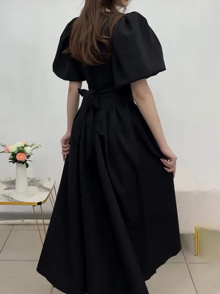 Puff Short Sleeve Solid Women Dresses O Neck A Line Lady Maxi Dress 2024 Fashion Elegant Vintage High Waist Female Vestidos