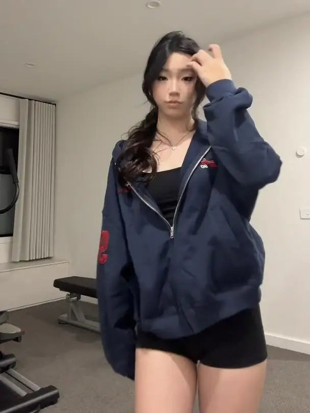 Embroidered Oversize Fce Lined Hoodie Cardigan Women's Spor Chic Autumn Winter Loose Fit Long Sve Cotton Jaet