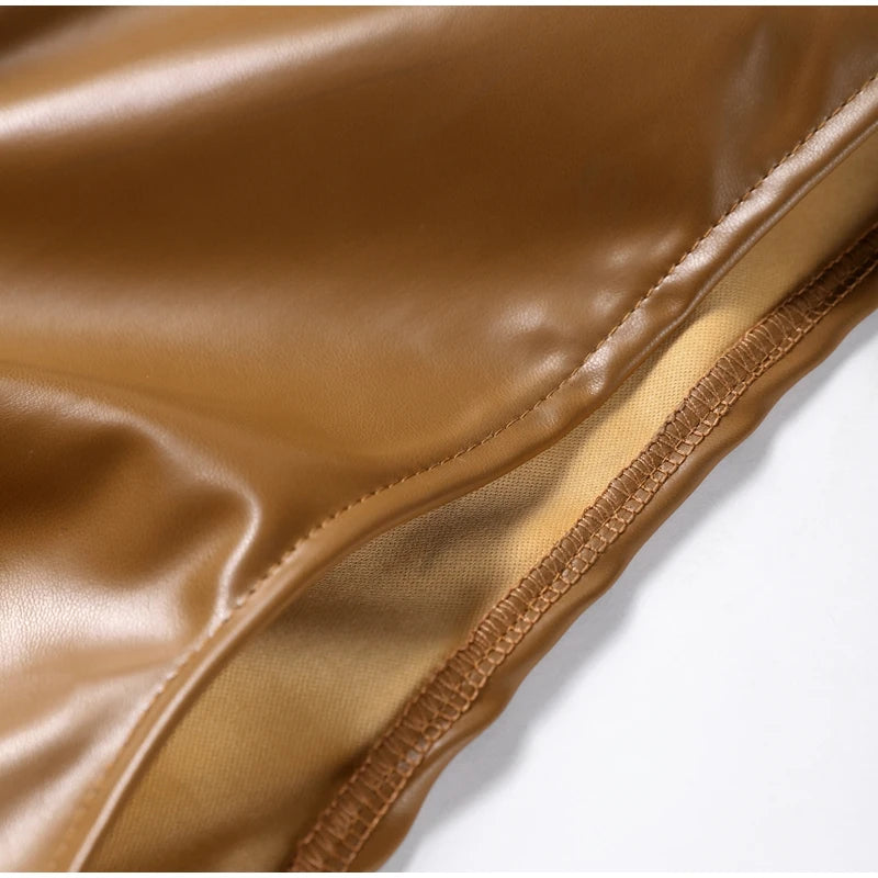 Vintage Midi Leather Dress Women Slim Turtleneck Sleeveless Hip Package Female Dresses 2025 Spring Lady Elegant Party Vestidos