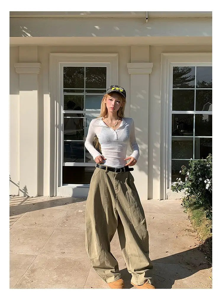 HOUZHOU Y2K Vintage Wash Women Cargo Jeans Harajuku Scimitar Wide Leg American Retro Denim Pants Baggy Trousers Gyaru Streetwear