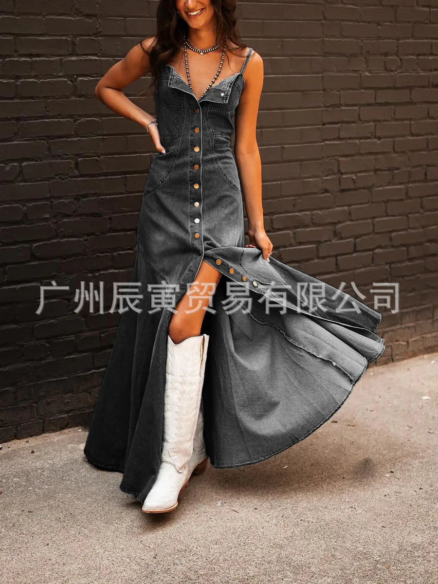 Europe and The United States Retro Wash Do Old Denim Halter Slim Single-breasted Big Swing Dress for Women's Summer Vestidos