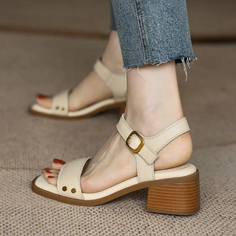 Women Sandals Summer Real Soft Leather Thick Heel Vintage Brown Sandals Women Cross One Line Strap High Heels Mary Jane Shoes
