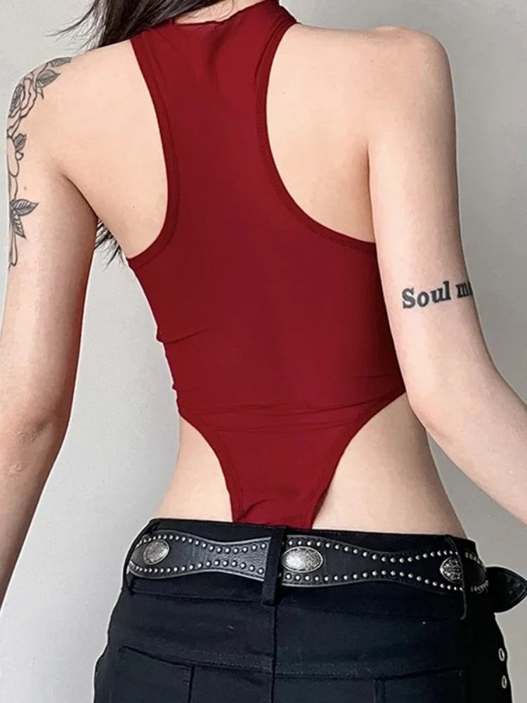 Red Lingerie Sexy Bodysuit Transparent Mesh Body Feminino Neck-mounted One-pieces Backless Tops For Women Y2k Clothes Bustier