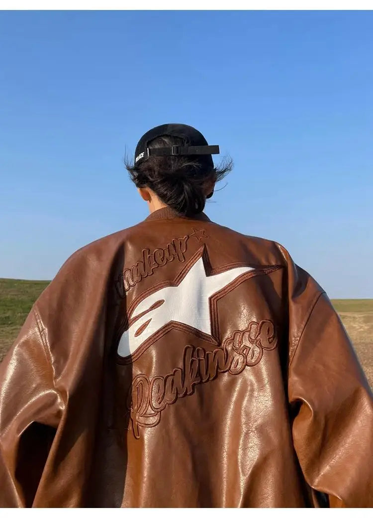 American retro letter embroidery leather Jacket Coat women's Y2K street hip-hop trend baseball suit couple casual leather jacket