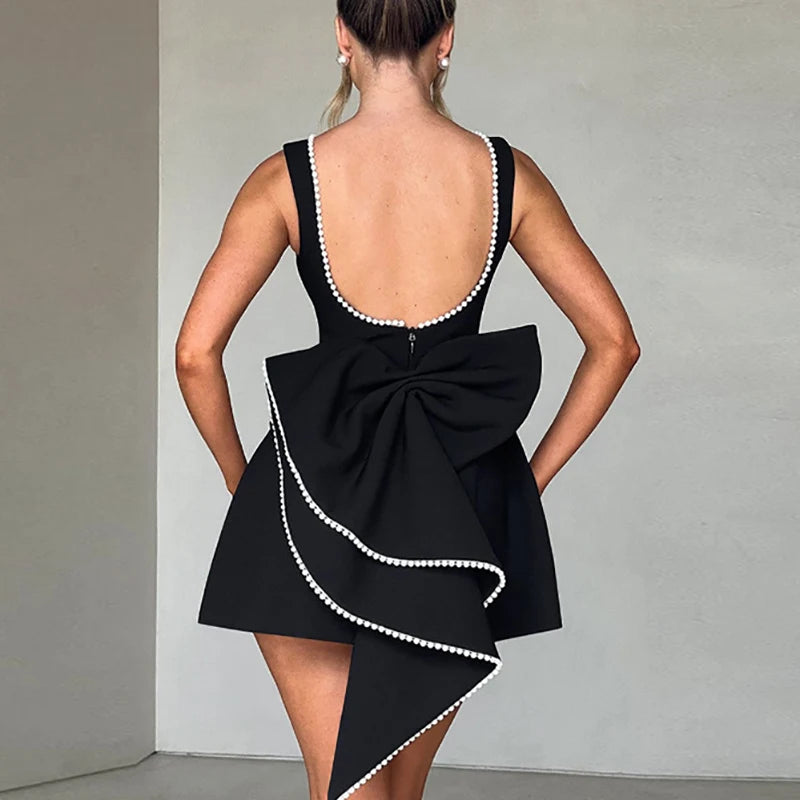 Fashion O Neck Waist Solid Short Dress Pearl Patchwork Slim Women A-line Dress Sexy Hollow Out Backless Bow Party Dress Vestidos