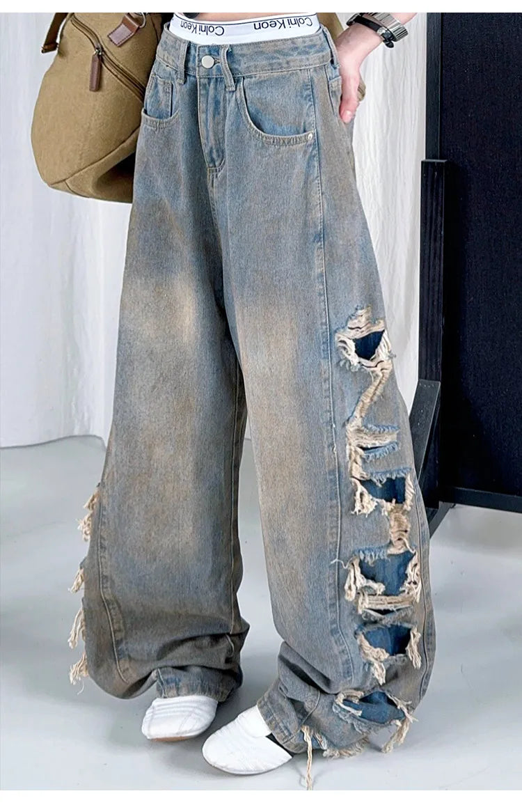Kids Child American Vintage Washed and Distressed Jeans with Side Hole For Girl High Street Fashion  Wide Leg Broken Denim Pants