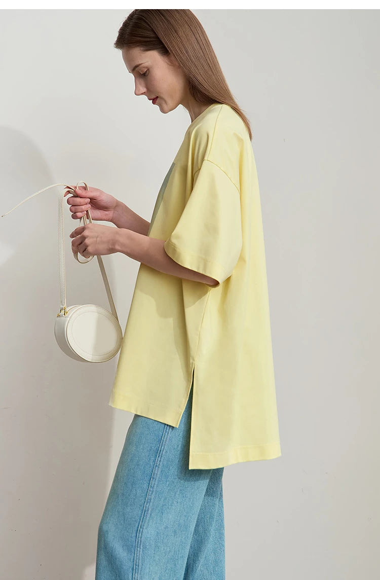 Amii Minimalist Summer T-shirt Women Irregular Design Tops Casual O-neck Abstract Print Loose Dropped Shoulder T-shirt 12522081