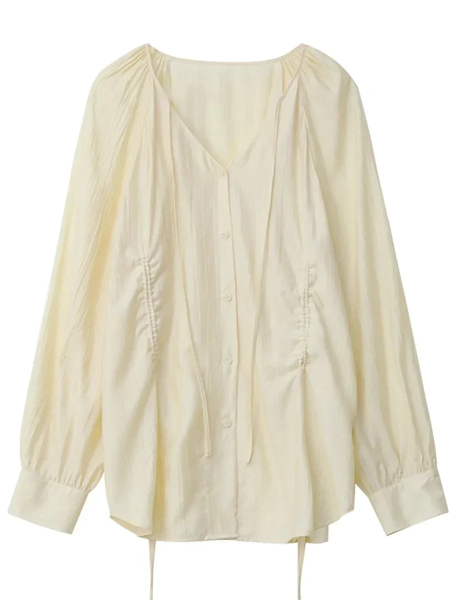 CHIC VEN Women Loose Lace Up Shirt Solid New Korean V-neck Pleated Raglan Long Sleeved Blouses Female Tops Spring Summer 2025