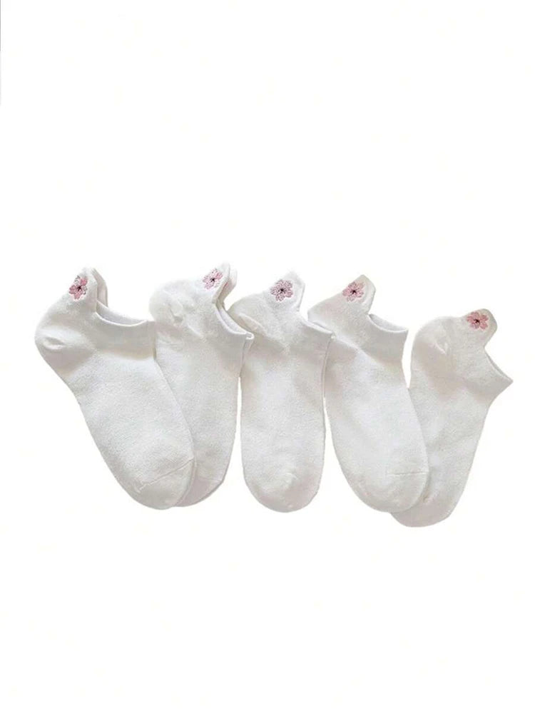 5 Pairs Women Cartoon Short Socks Trendy Versatile Cute Flower Pattern Socks Sweat Absorbing Breathable Soft And Casual Socks