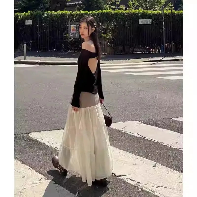 pa wl one-shoulder long-sleeved top, female wool blend off-the-shoulder base shirt, cutout backless knitted sweater