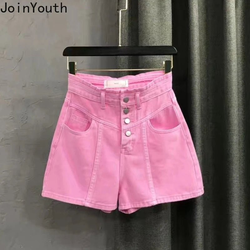 Pink Jean Shorts Women Clothing Streetwear High Waist Y2k Wide Leg Pants 2025 New Bottoms Fashion Casual Summer Y2k Denim Shorts