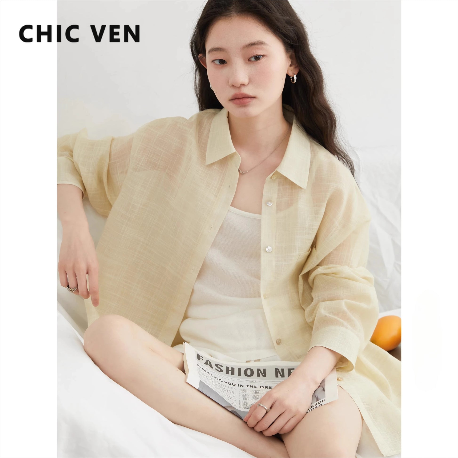 CHIC VEN New Women Shirt Retro Loose Casual Single Breasted Long Sleeve Back Slit Thin Transparent Female Blouses Summer 2025