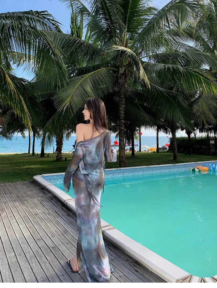 2024 New Women's Bikini Set Long Dress Sexy Slimming Elegant Fashion Swimwear Four-Piece Set For Vacation And Spa