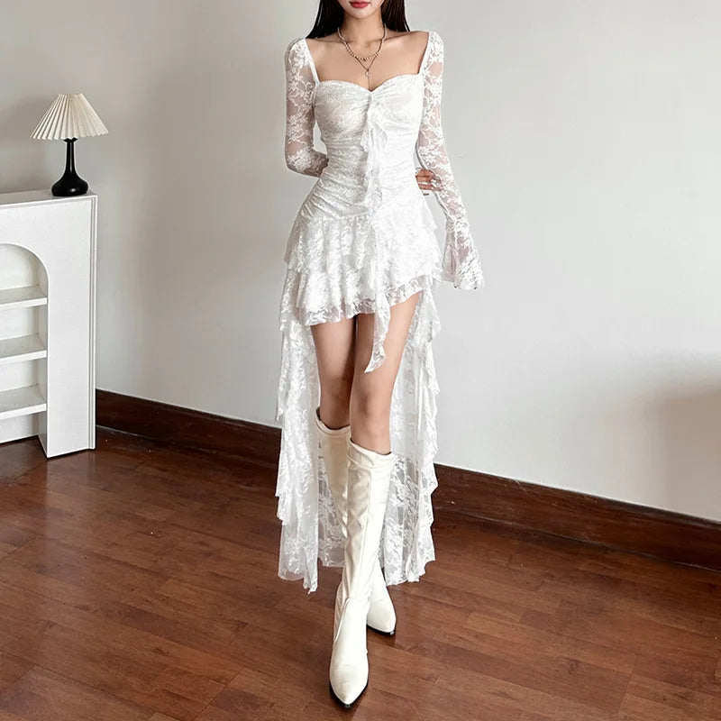 AltGoth Mall Goth Fairycore Dress Women Vintage Aesthetic Elegant Sweet Sexy See Through Irregular Hem High Waist Corset Dress