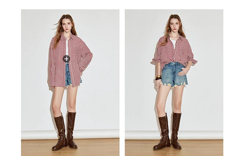 TOYOUTH Women Long Sleeve Blouse Shirt 2025 Spring New Cotton Plaid Retro Turn Down Collar Casual Shirt Tops