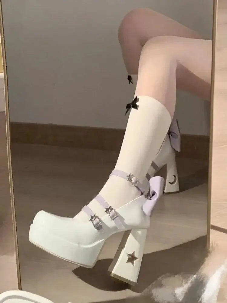 Mary's Spring New Women's Fashionable Thick Heel Bow Hollow Out Line Toe Flats Summer Season Flat Heel Women's Shoes