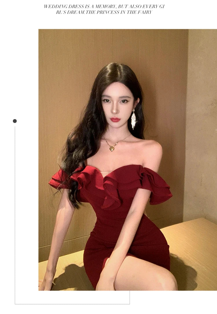 Women Sexy Bodycon Off Shoulder High Split Long Dresses Wedding Evening Party Prom Robe Ruffles Slash Neck Summer New Vestidos