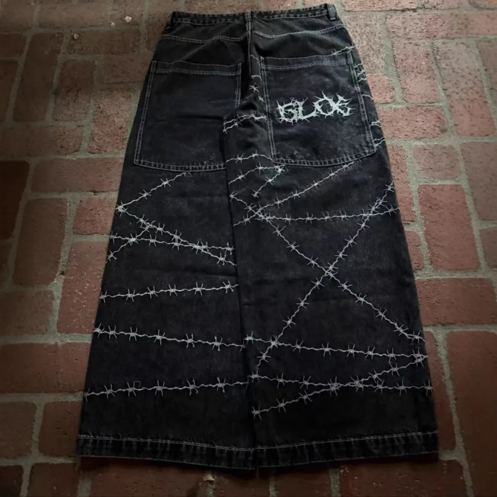 Jeans y2k high street hip hop loose wide-leg casual pants men's pants jeans street wear printed gothic style trousers hot sale