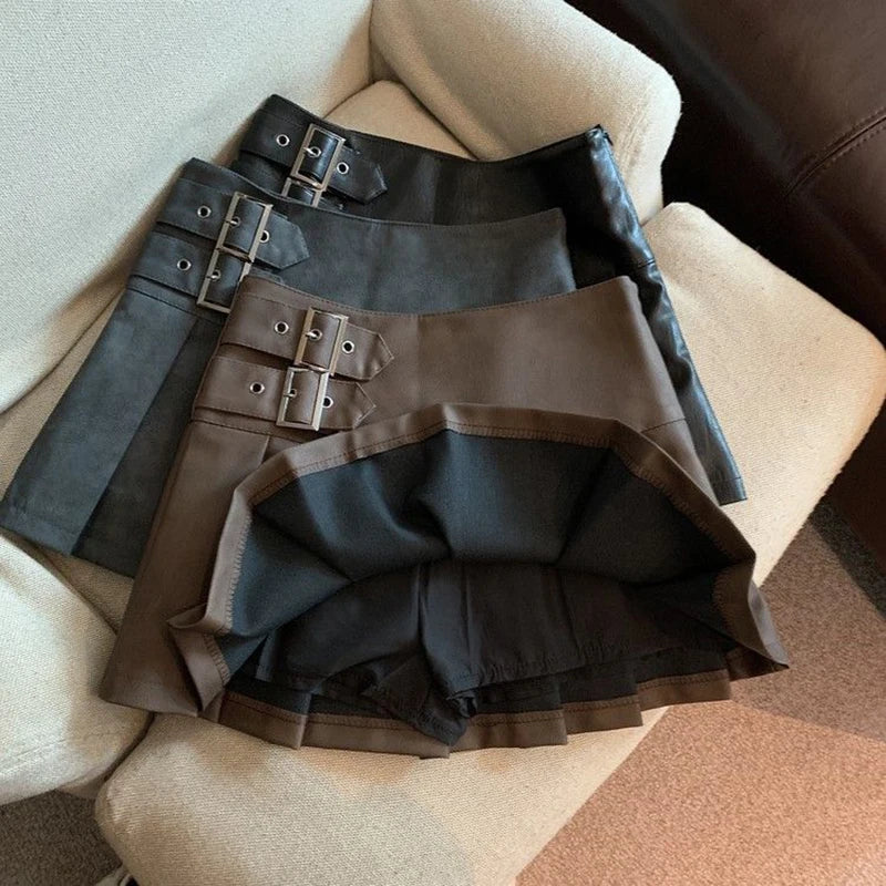 MEXZT S-3XL Y2K Pu Leather Mini Skirts Women Streetwear High Waist Pleated Skirt Vintage Korean Black Slim Casual A Line Skirts