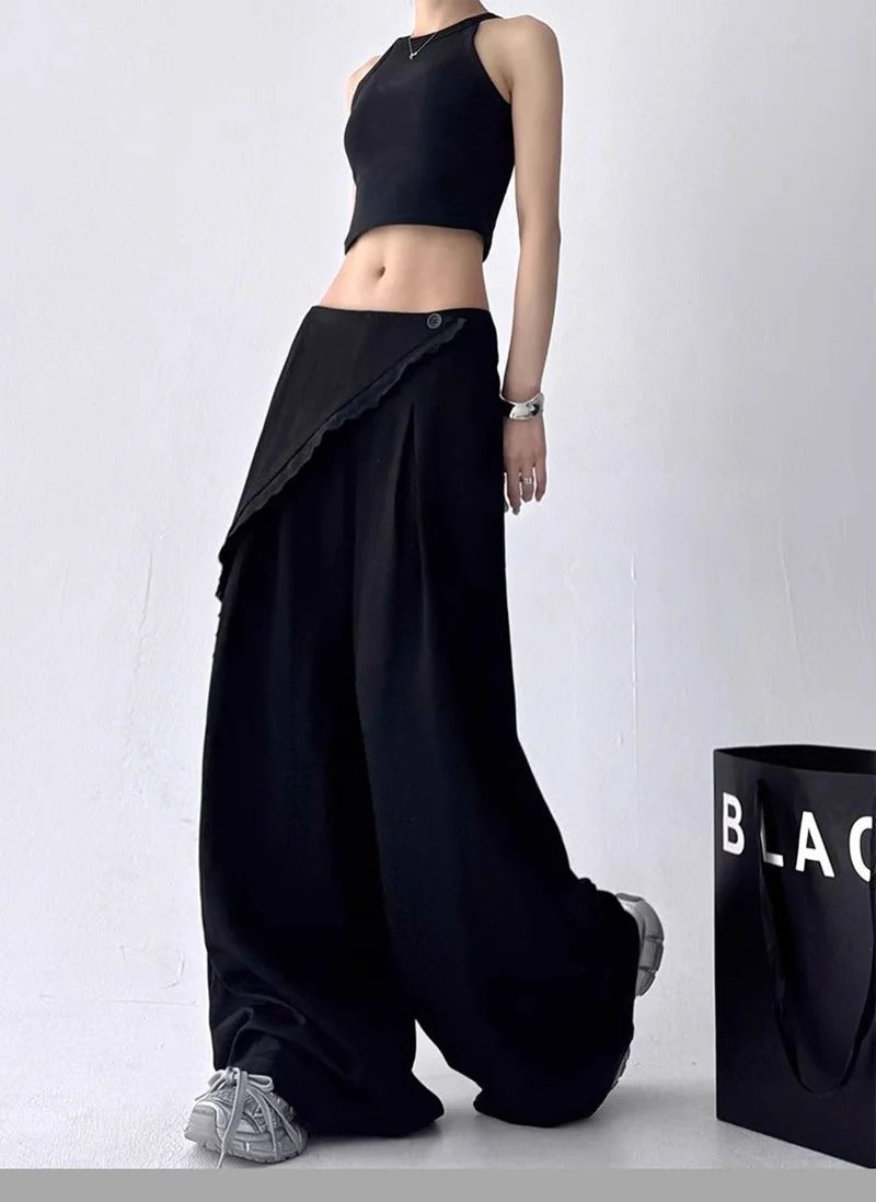Zoki High Waist Streetwear Loose Pant Women Vintage Loose Design Wide Leg Trousers Casual All Match Summer Bf Hip Hop Pants New