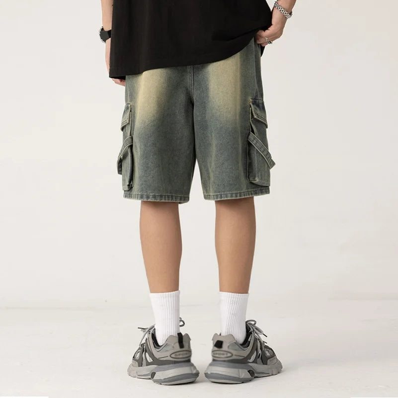 New Cowboy shorts, men's high-end personalized drawstring, loose casual denim five quarter pants, loose oversized wide leg pants