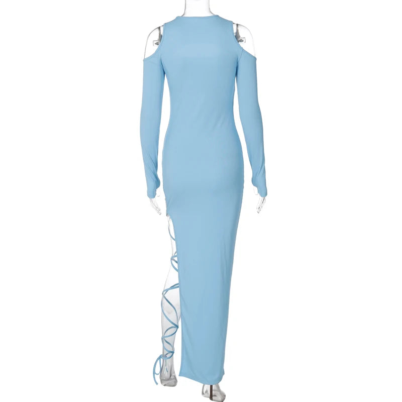 Hugcitar Long Sleeve Solid Hollow Out Slit Lace Up Elegant Sexy Bodycon Maxi Prom Dress 2023 Fall Women Birthday Party Outfit "
