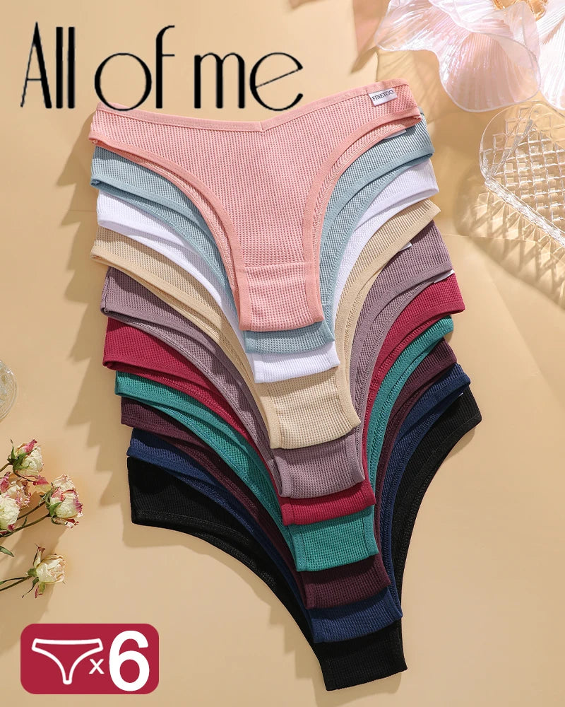 6PCS/SET Women's Waffle Cotton V-Waist Panties Multi-Color High Elasticity Brazilian Bikini Lingerie Set Sexy Female Underwear