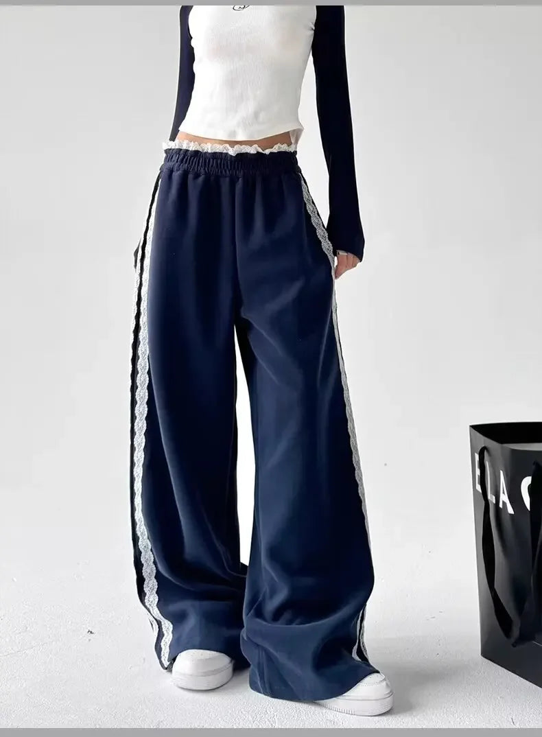 Trendy Casual Wide Leg Pants Women's Autumn Winter High Waist Splicing Lace Trim Drapey Slimming Sporty Trousers