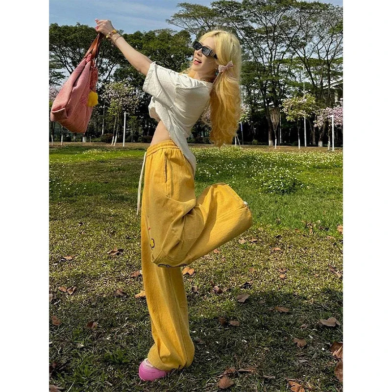 Y2K Cargo Pants Women Oversized Embroidery Sweatpants Harajuku High Waist Wide Leg Joggers Streetwear Korean Baggy Trousers New