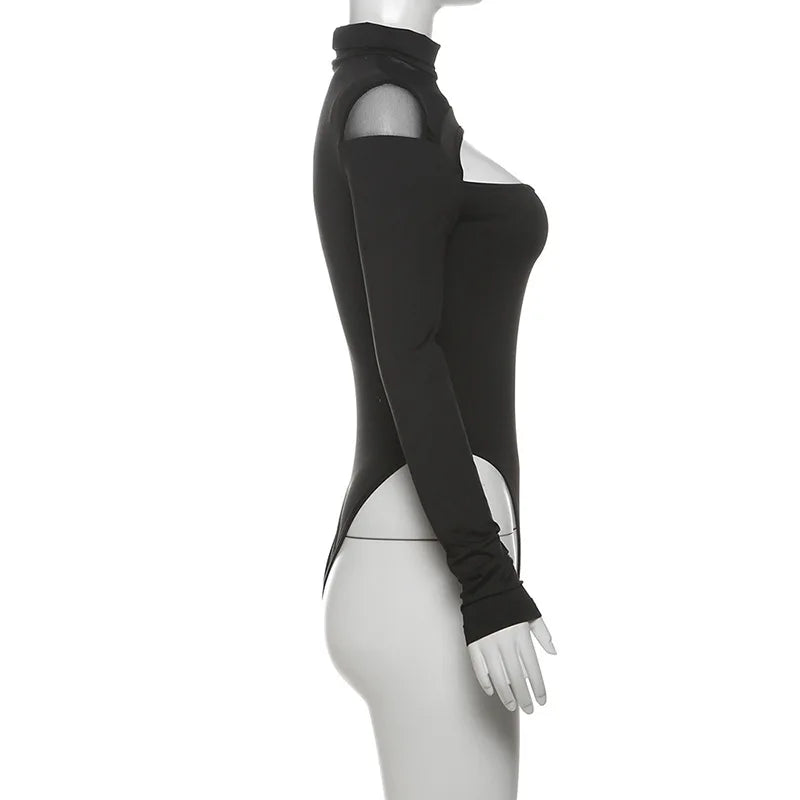 Goth Dark Hollouw Out Long Sleeve Skinny Bodysuit Women Y2K Grunge Mesh Patchwork Playsuits Mall Goth Fashion Street Bodysuits