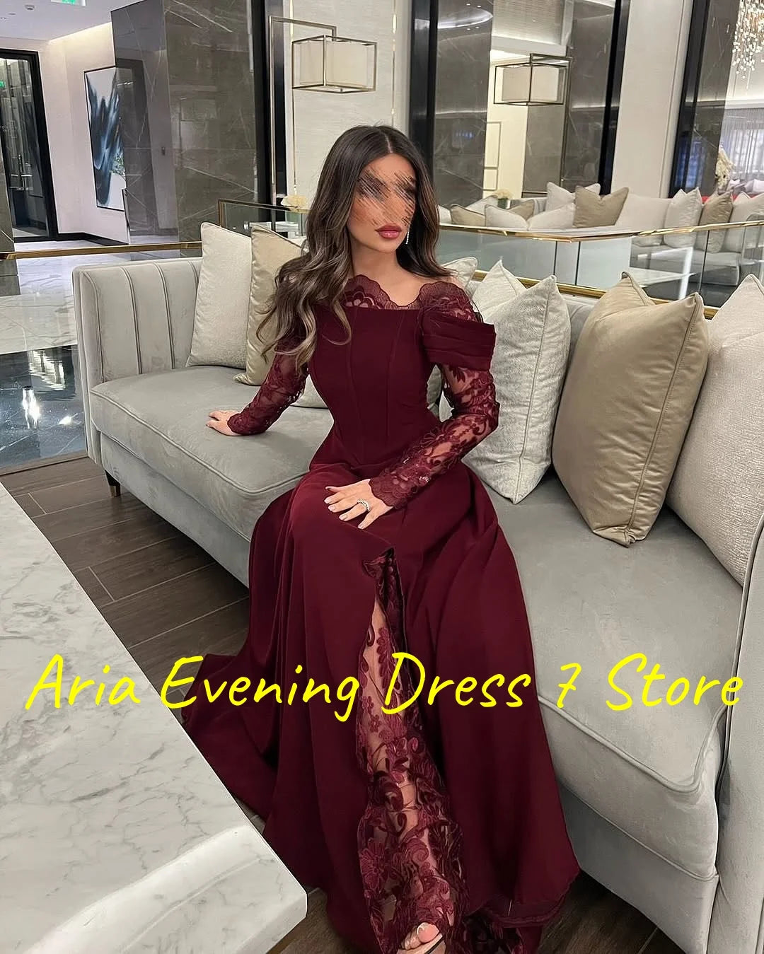 Customized Exquisite Jersey Off the Shoulder Lace Evening Dresses Delicate Long Sleeves Party Dress Custom Made Cocktail Dress