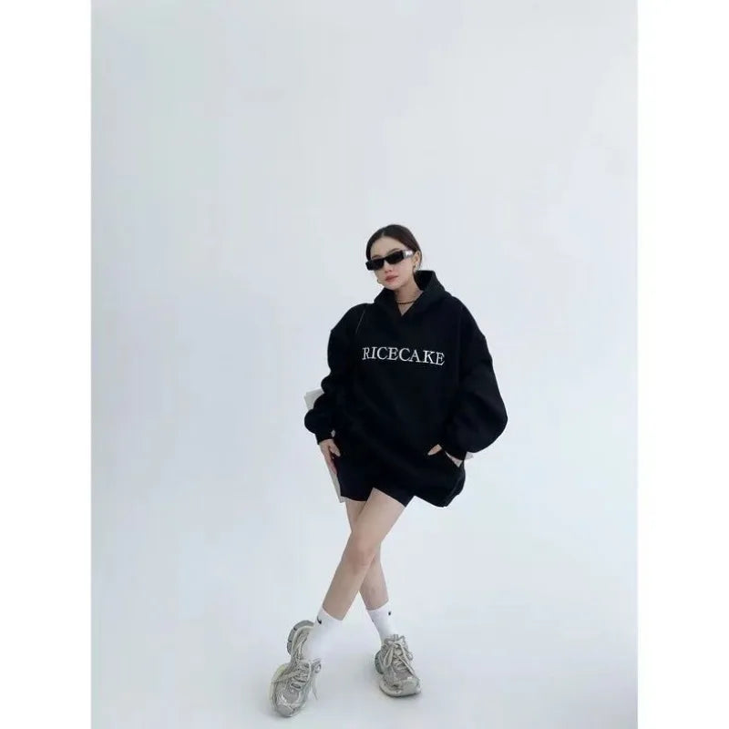 Hikigawa Chic Fashion Floral Embroidery Hoodies Women Coats Autumn Casual Loose All Match Hooded Pullover Outerwear Tops Mujer