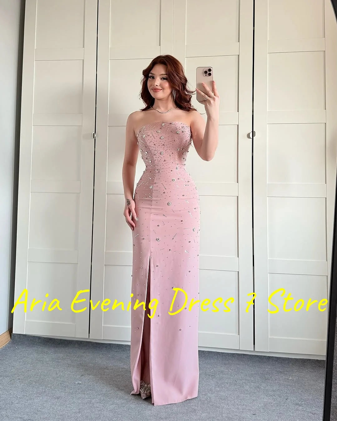 Customized Sexy Jersey Crystal Sequined Evening Dresses Temperament Strapless Sleeveless Celebrity Gowns Custom Size Prom Dress