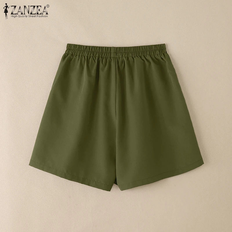 2025 ZANZEA Summer Shorts Women Fashion Casual Elastic Waist Trousers Vintage Holiday Beach Pant Solid Loose Pantalon Plus Size
