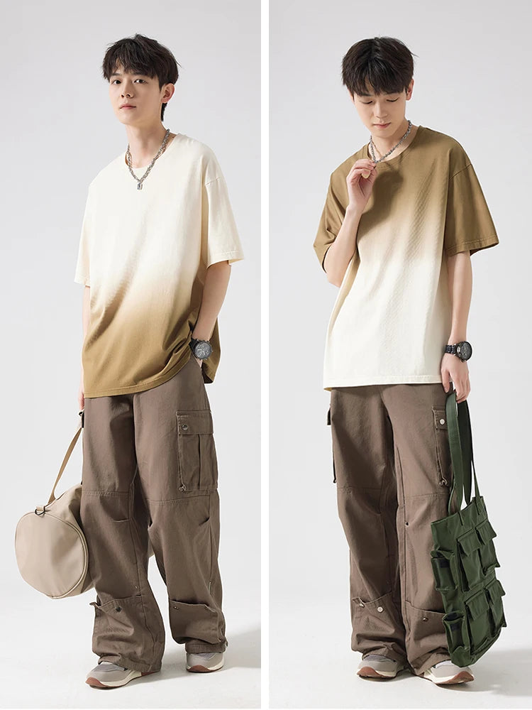 Men's Gradient Dyeing T-shirts 230Gsm Cotton Korean Vintage Street Style Oversized Tees Short Sleeve Loose Fit Basic Tops