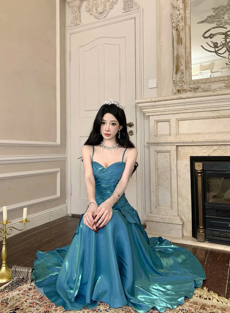 Sexy Shiny Glitter Mermaid Evening Party Prom Gowns Spring Summer Spaghetti Strap Ruffled Dresses Sleeveless Slim Waist Robe